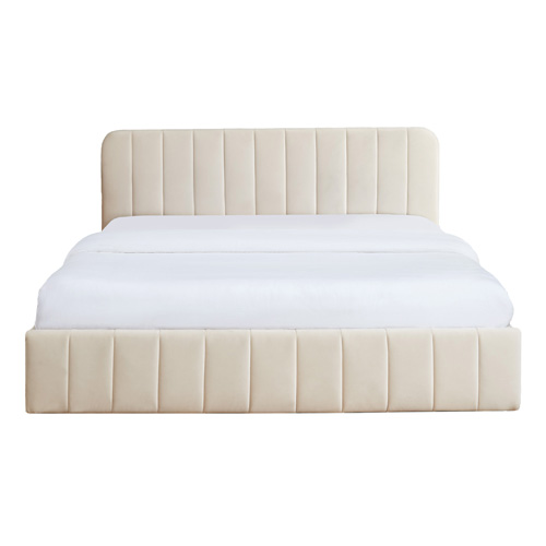 Lit coffre 180x200 en velours beige avec tête de lit + sommier à lattes - Ava