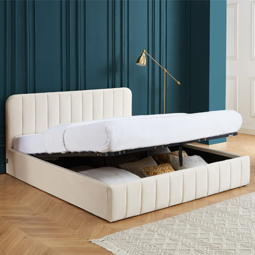 Lit coffre 180x200 en velours beige avec tête de lit + sommier à lattes - Ava