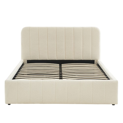 Lit coffre 160x200 en tissu bouclé beige avec tête de lit + sommier à lattes - Ava