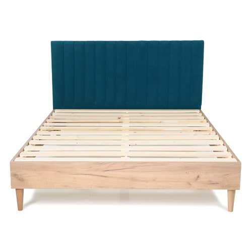 Lit adulte 140x190 cm en bois naturel avec sommier et tête de lit en velours bleu canard - Elioco