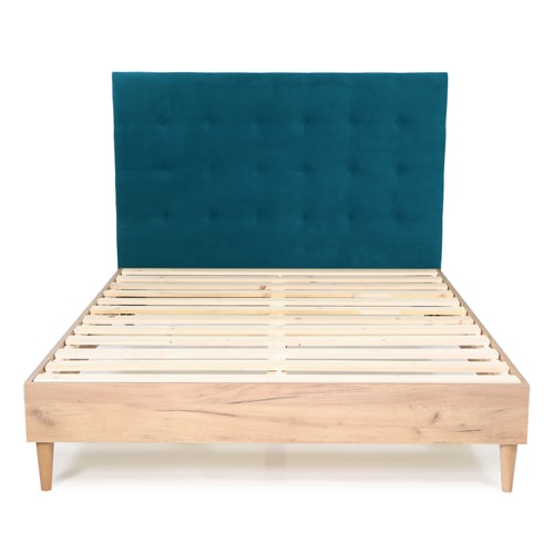 Lit adulte 140x190 cm en bois naturel avec sommier et tête de lit en velours bleu canard - Nico