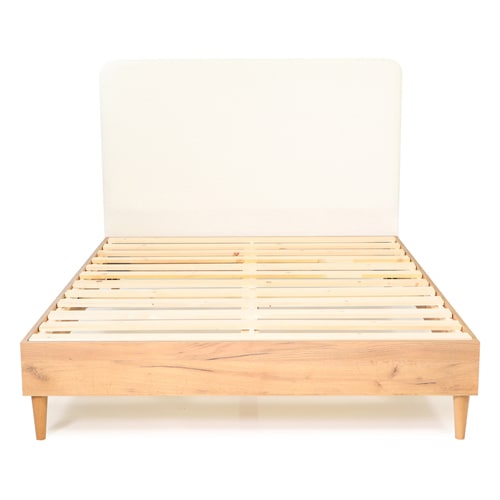 Lit adulte 140x190 cm en bois naturel avec sommier et tête de lit en tissu bouclette blanc - Panzo