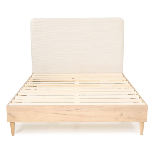 Lit adulte 140x190 cm en bois naturel avec sommier et tête de lit en velours côtelé beige - Panzo