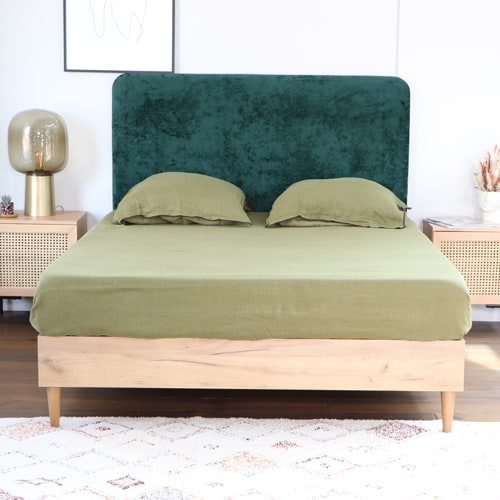 Lit adulte 140x190 cm effet chêne avec sommier et tête de lit en velours gratté vert - Panzo