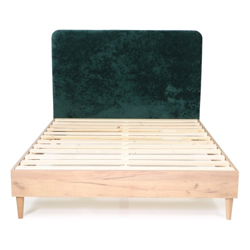 Lit adulte 140x190 cm en bois naturel avec sommier et tête de lit en velours gratté vert - Panzo