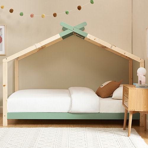 Lit cabane 90x190 en pin massif vert avec sommier - Charly