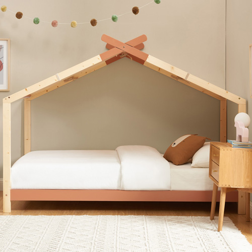 Lit cabane 90x190 en pin massif terracotta avec sommier - Charly