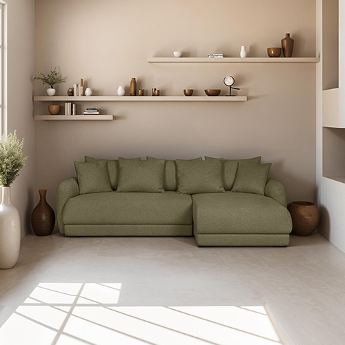 Canapé d'angle droit 5 places convertible avec coffre de rangement en tissu vert olive - Giulia