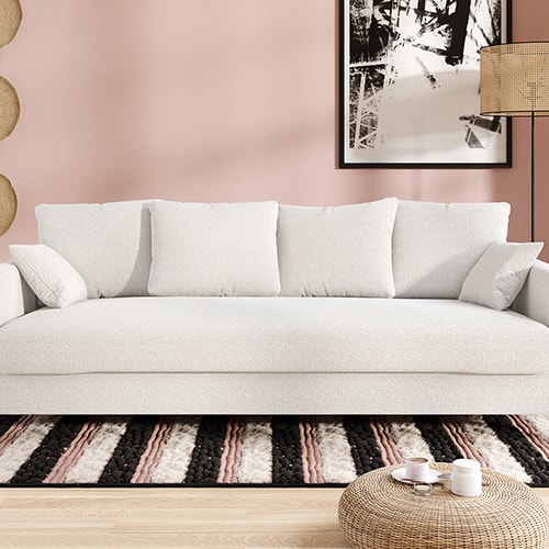 Canapé convertible 4 places en tissu bouclé écru - Fabriqué en France- Carla
