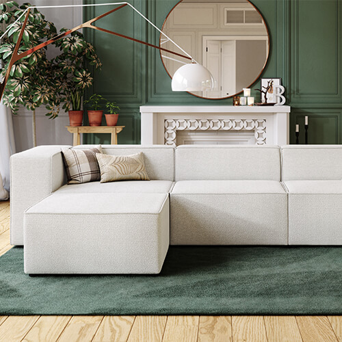 Canapé d'angle modulable 5 places en tissu bouclé écru - Fabriqué en France- Roma