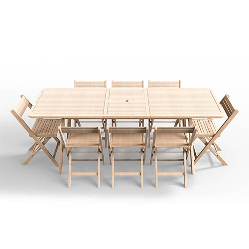 Ensemble table de jardin en acacia blanchi avec extension 160/210 cm + 8 chaises pliantes