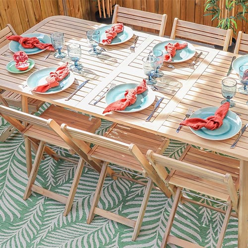 Ensemble table de jardin en acacia blanchi avec extension 160/210 cm + 8 chaises pliantes