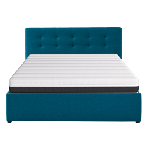 Ensemble lit coffre Tina en tissu bleu canard 140x190cm + Matelas à ressorts ensachés Hygiospring 19cm