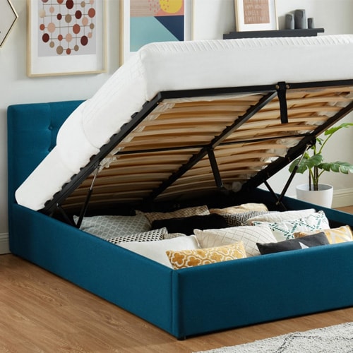 Ensemble lit coffre Tina en tissu bleu canard 140x190cm + Matelas mousse Clean Confort 16 cm