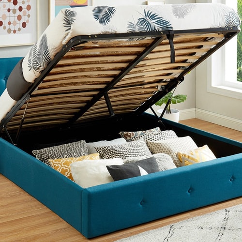 Ensemble Lit coffre Kate en tissu bleu canard 140x190cm + Matelas à mémoire de forme Ergo Royal 21 cm