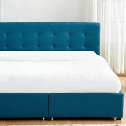 Ensemble lit à tiroirs Justin 140x190 en tissu bleu + Matelas ressorts ensachés Spring Plus 22 cm