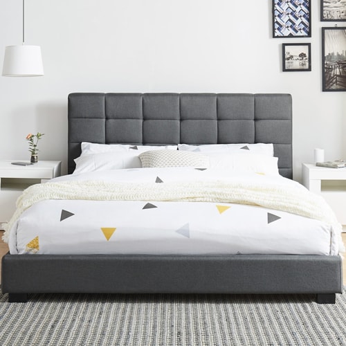 Ensemble lit William 140x190 en tissu gris foncé + Matelas ressorts ensachés Hygiospring 19 cm