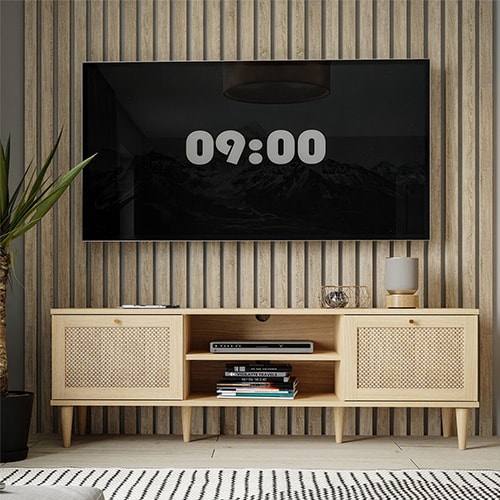 Meuble TV en cannage et effet chêne 160 cm - Luisa