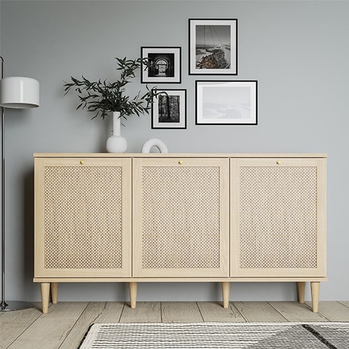 Buffet en cannage et effet chêne 3 portes 150 cm - Luisa