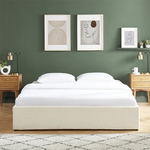 Lit coffre 180x200cm en tissu bouclé écru + sommier à lattes - Handy