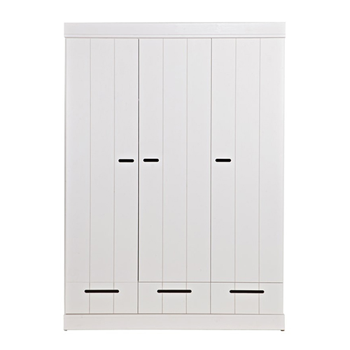 Armoire 3 portes, 3 tiroirs et 5 étagères en pin massif blanc - Connect