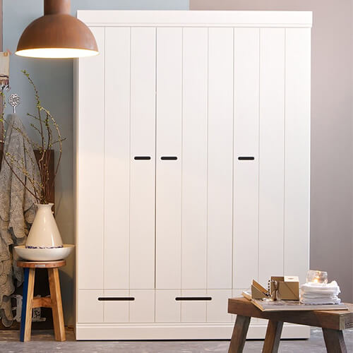 Armoire 3 portes, 3 tiroirs et 5 étagères en pin massif blanc - Connect