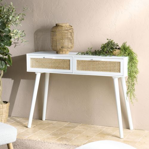 Console blanche 2 tiroirs cannage naturel - Sandro