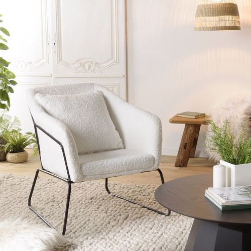 Fauteuil tissu bouclette écru pieds évasés métal noir - Albane