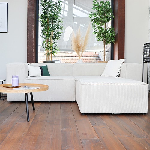 Canapé modulable 3 places avec pouf en velours côtelé beige - Roma - Fabriqué en France