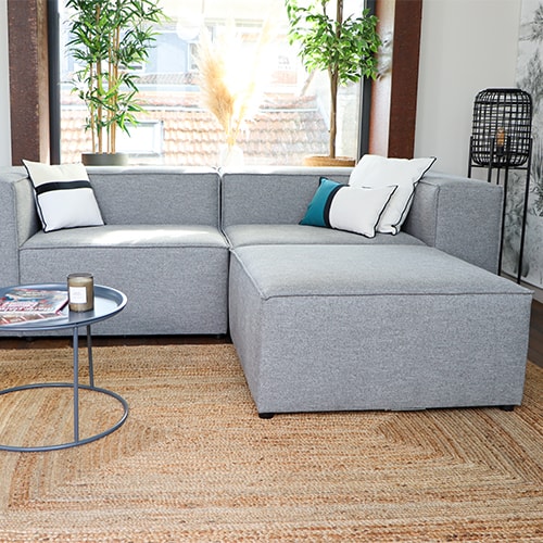 Canapé modulable 3 places avec pouf en tissu gris - Roma - Fabriqué en France
