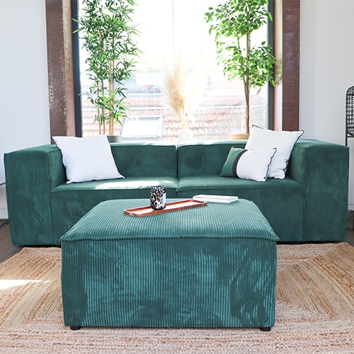 Canapé modulable 3 places avec pouf en velours côtelé vert - Roma - Fabriqué en France
