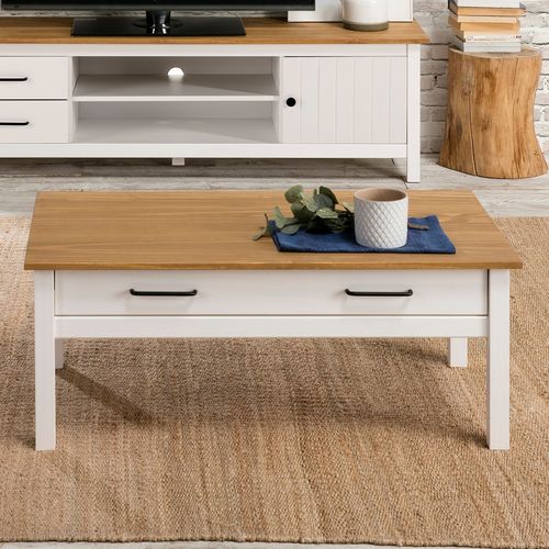 Table basse 1 tiroir en pin massif blanc 100 cm - Ida