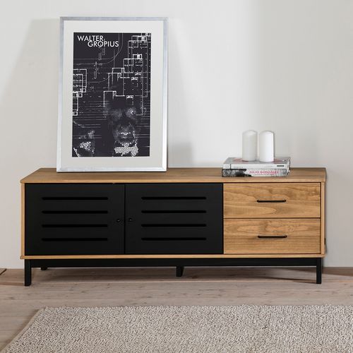 Meuble TV 2 portes 2 tiroirs bois ciré / noir 141 cm - Rosa