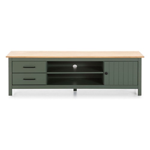 Meuble TV 1 porte 2 tiroirs bois ciré / vert 158 cm - Ida