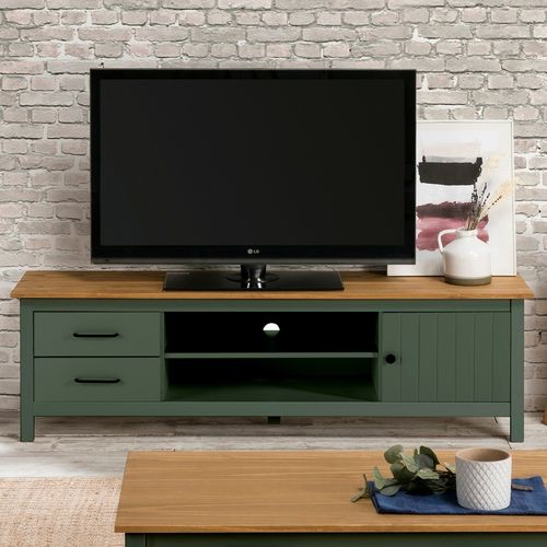 Meuble TV 1 porte 2 tiroirs en pin massif vert 158 cm - Ida