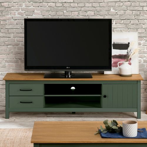 Meuble TV 1 porte 2 tiroirs bois ciré / vert 158 cm - Ida