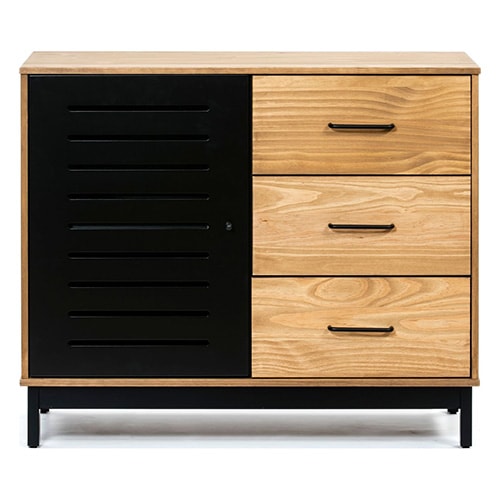 Buffet 1 porte 3 tiroirs bois ciré / noir 95 cm - Rosa