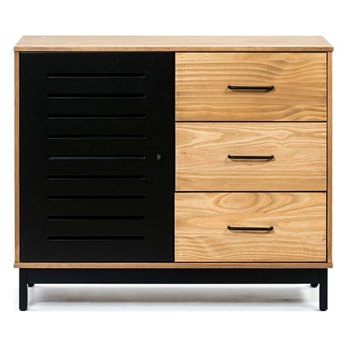 Buffet 1 porte 3 tiroirs bois ciré / noir 95 cm - Rosa