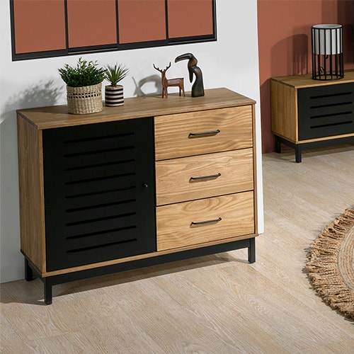 Buffet 1 porte 3 tiroirs bois ciré / noir 95 cm - Rosa