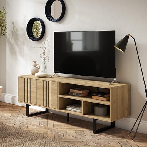 Meuble TV 2 portes 3 niches effet bois / noir 160 cm - Vitoria