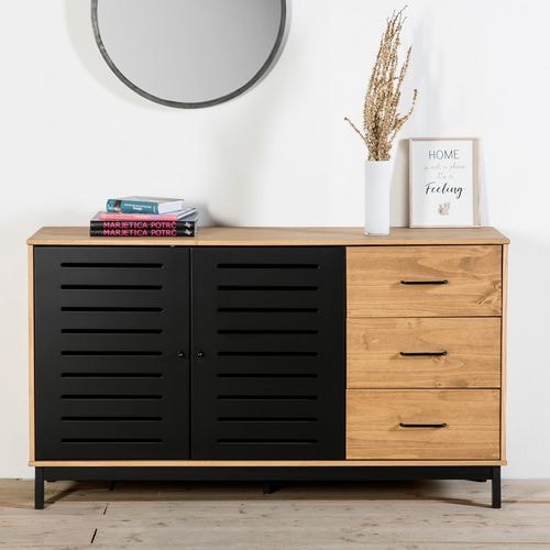 Buffet 2 portes 3 tiroirs bois ciré / noir 141 cm - Rosa