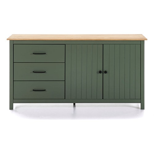 Buffet 2 portes 3 tiroirs bois ciré / vert 150 cm - Ida