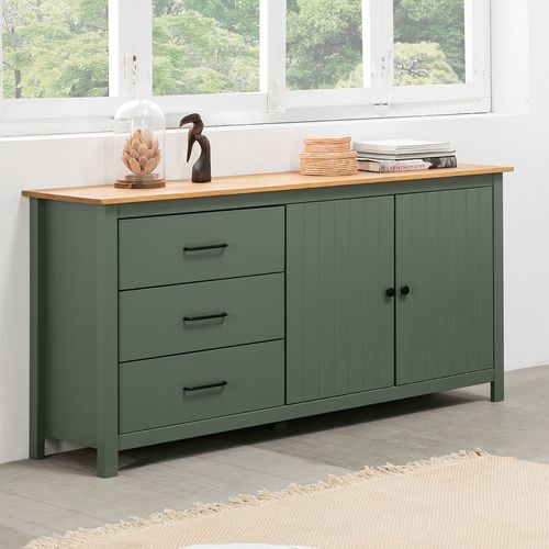 Buffet 2 portes 3 tiroirs bois ciré / vert 150 cm - Ida