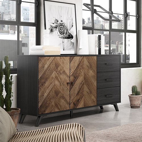 Buffet 2 portes 3 tiroirs effet bois à chevrons / noir 136 cm - Dario