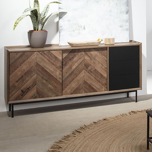 Buffet 2 portes 3 tiroirs effet chêne à chevrons / noir 157 cm - Mario
