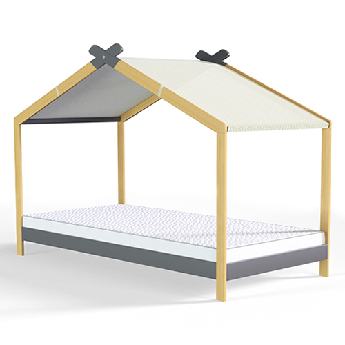 Ensemble lit cabane 90x190 en pin massif gris anthracite avec sommier Charly + matelas mousse Confort Kids