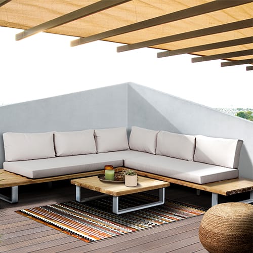 Salon de jardin 5 places en aluminium et bois d'acacia - coussins beige - Olbia