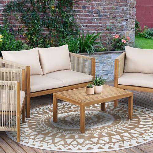 Salon de jardin 4 places en bois d'acacia et corde - coussins beige - Pai