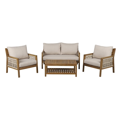 Salon de jardin 4 places en bois d'acacia et corde - coussins beige - Malaga