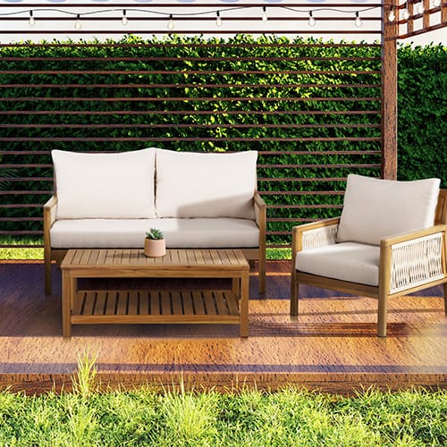 Salon de jardin 4 places en bois d'acacia et corde - coussins beige - Malaga